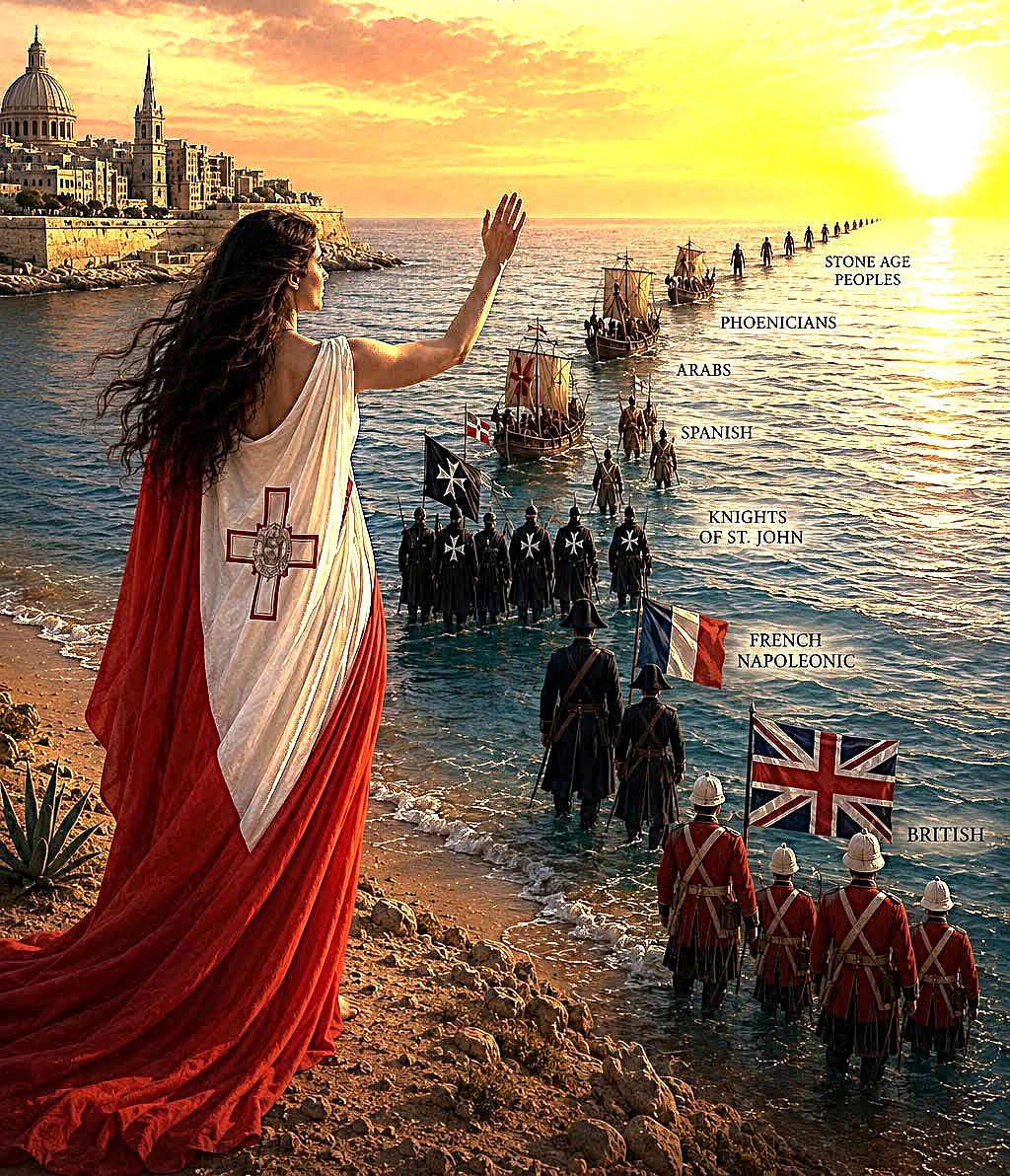 Woman in red and white robe waving to historical soldiers marching along a shore at sunset