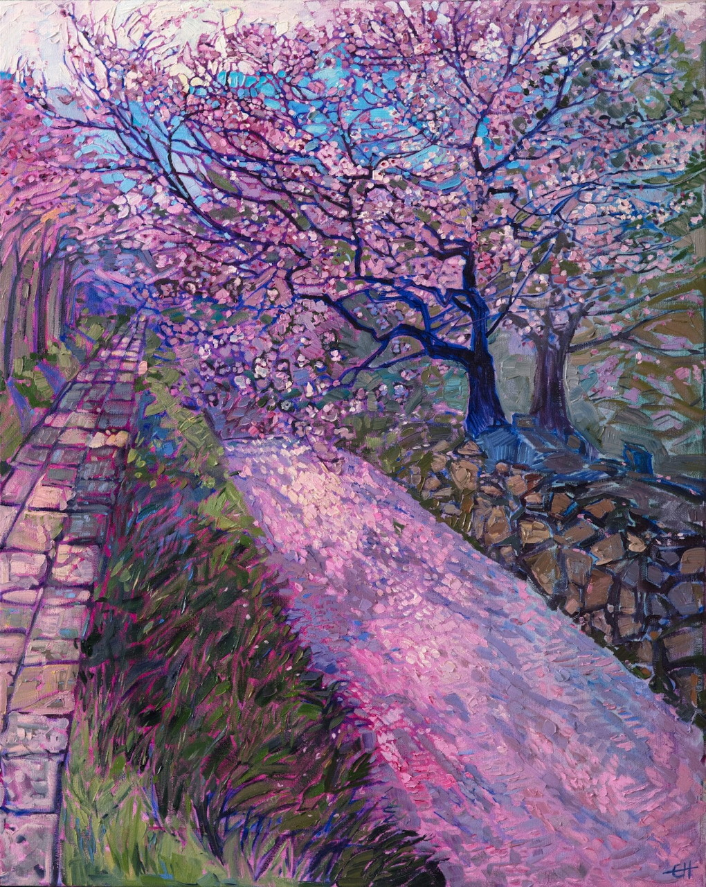 Impressionist painting of a stone path lined with blooming pink cherry blossom trees and a mossy wall