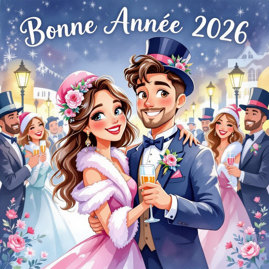Cartoon couple in formalwear holding champagne under Bonne Année 2026 in a snowy festive scene