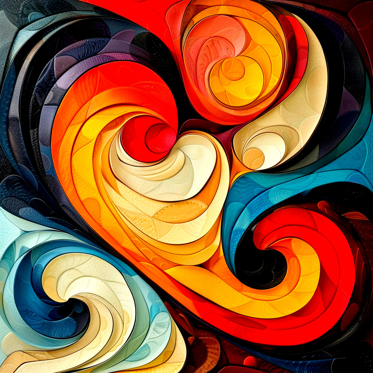 Colorful abstract art with swirling spiral curves in warm and cool tones