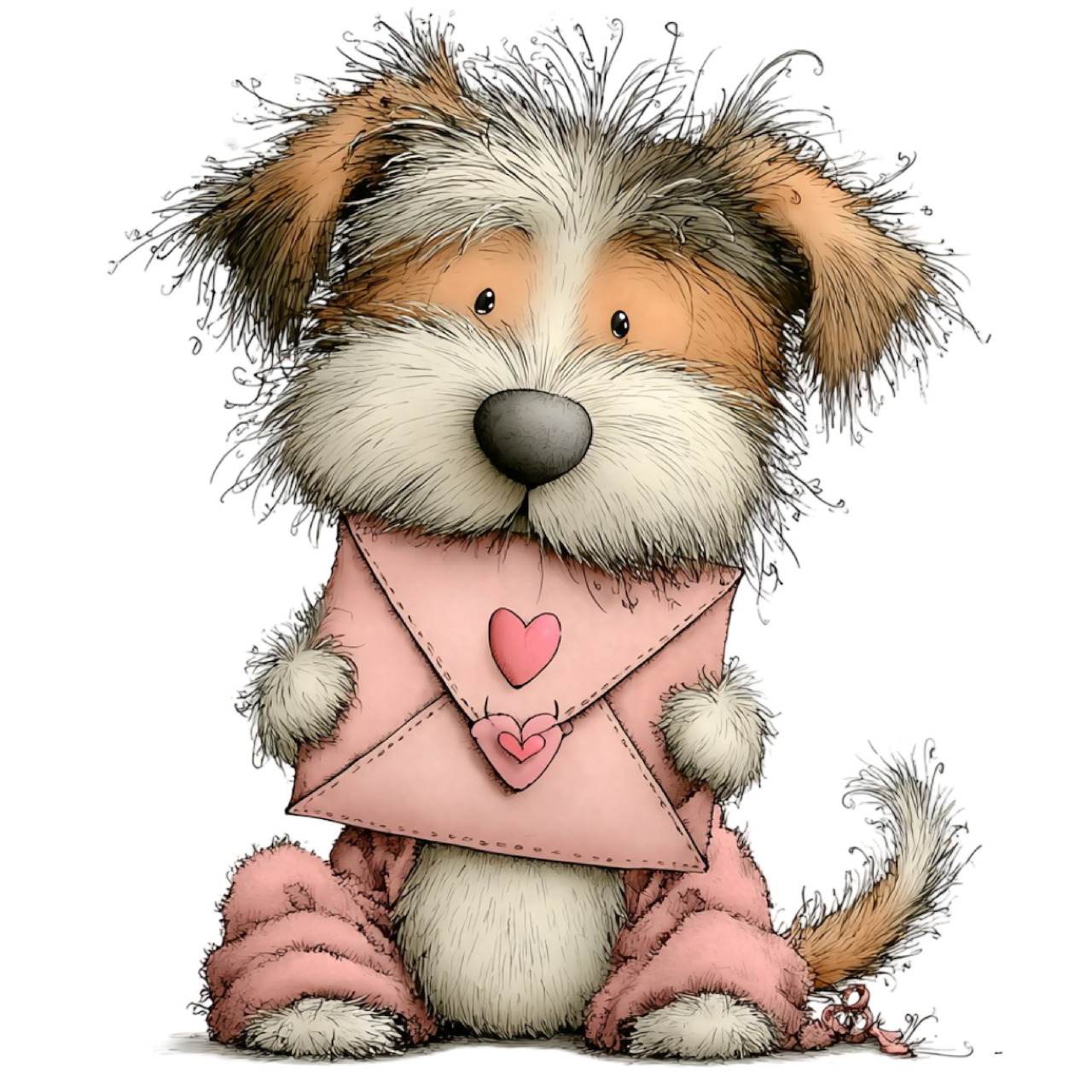 Cartoon puppy with fuzzy gray and brown fur wearing pink pajamas with heart design
