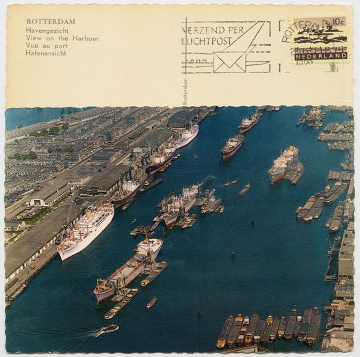 Vintage postcard with an aerial view of Rotterdam harbor, showing ships and dockyards