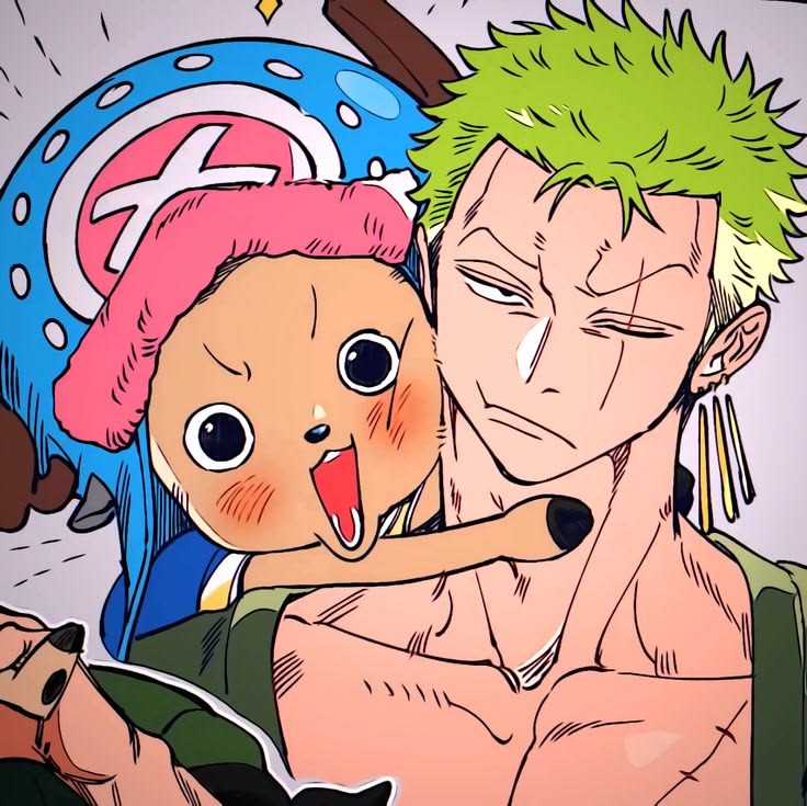 Anime close-up of Chopper hugging Zoro with bright colors and expressive faces