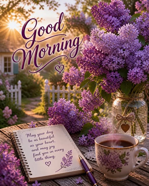 Purple lilacs in a vase with a teacup and notebook, set in a sunny garden with Good Morning text