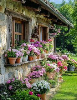 Rustic stone cottage with colorful flower pots arranged on windowsill and green lawn in sunny garden