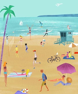 Illustrated beach scene with people playing, sunbathing, and swimming under palm tree with ocean and lifeguard tower