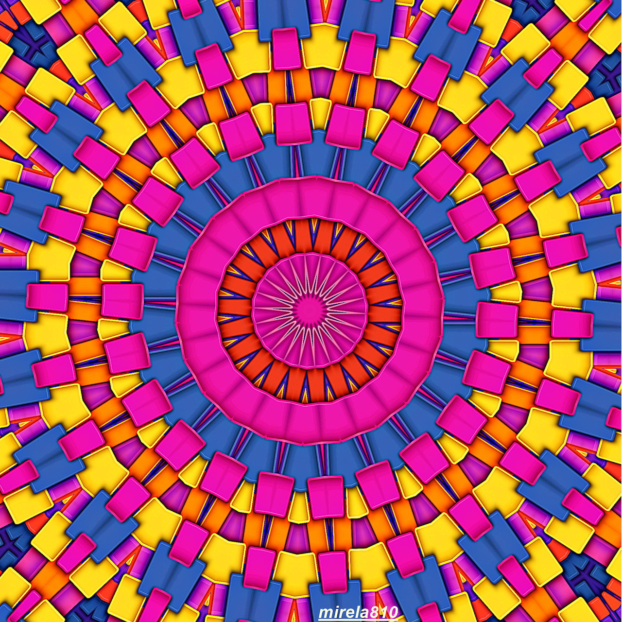 Bright geometric mandala with radiating pattern in pink, yellow, blue, and orange colors forming concentric circles