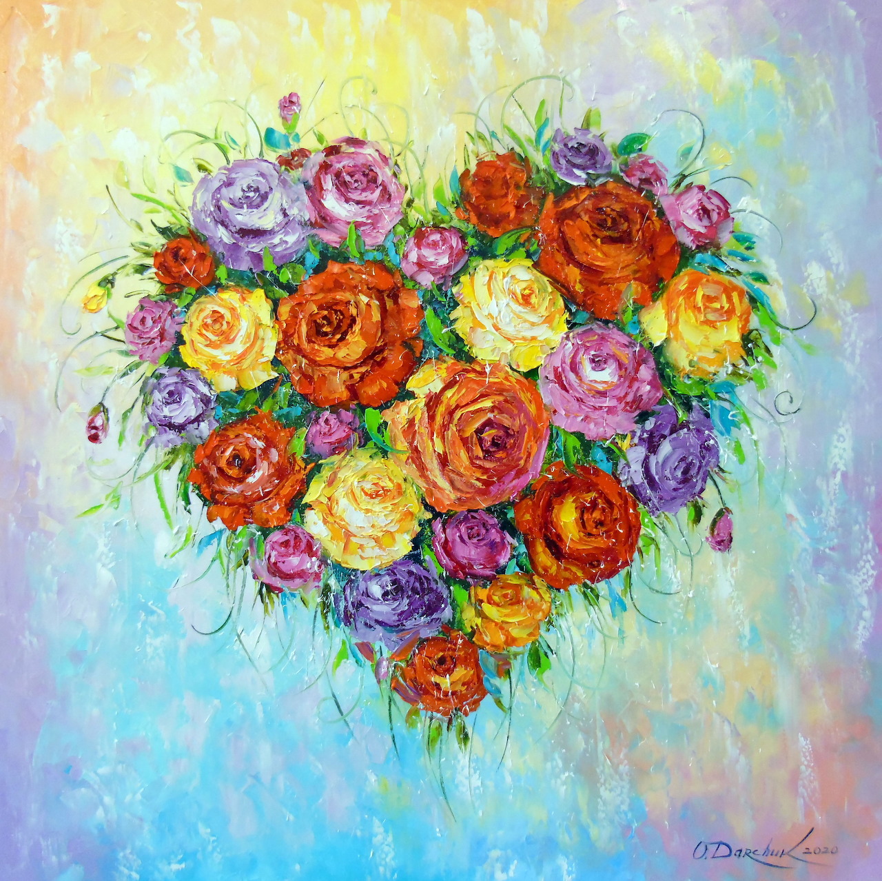 Impressionist painting of multicolored roses forming a heart shape on a pastel blue and yellow background