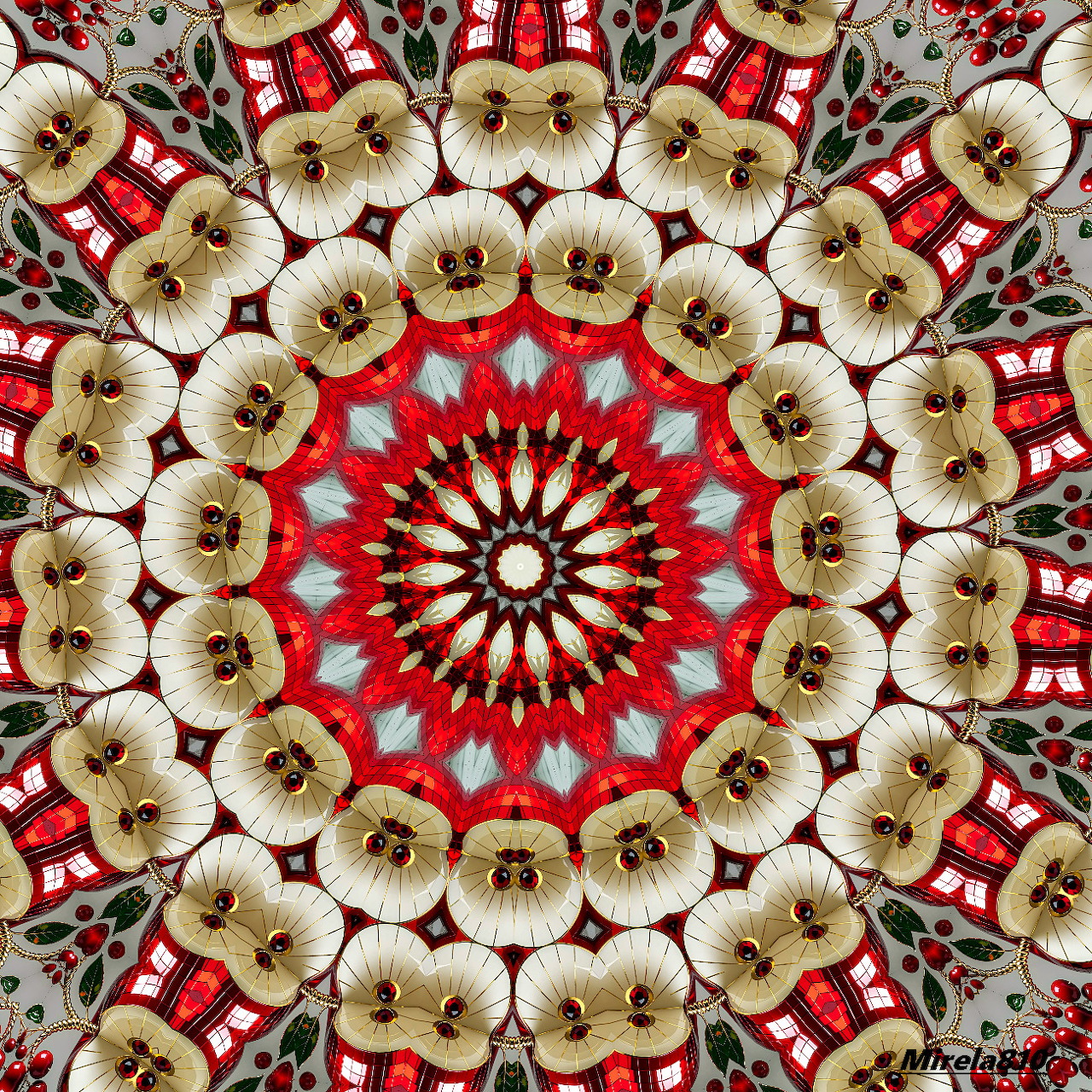 Circular mandala with symmetrical floral pattern in cream and red with geometric elements