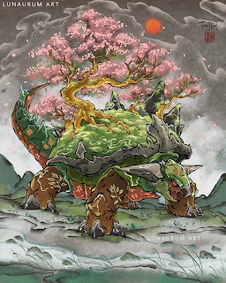 Torterra Pokemon with pink cherry blossom tree and miniature landscape on its back against gray clouds and red sun