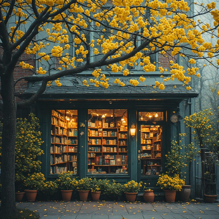 Small bookstore storefront with glowing interior, framed by vibrant yellow autumn tree and potted plants