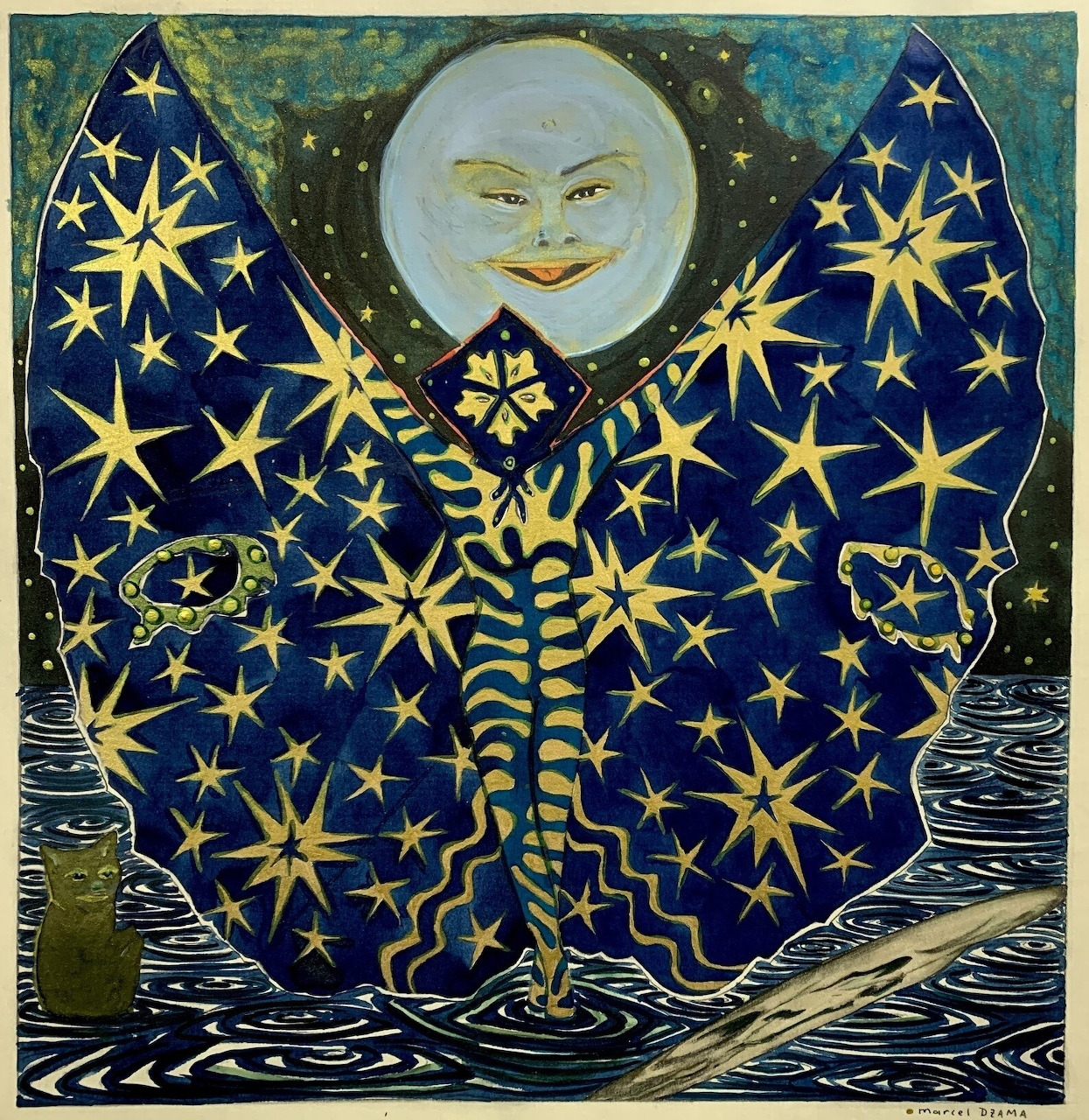 Surreal painting of a moon-faced figure in a blue cloak covered with yellow stars