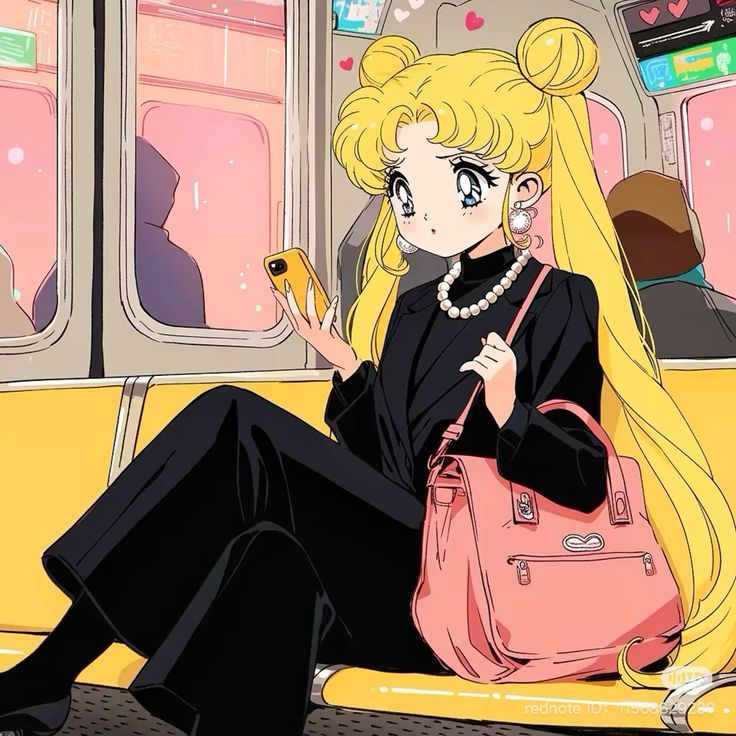 Anime girl Usagi Tsukino sitting on a train seat, holding a phone and a pink handbag