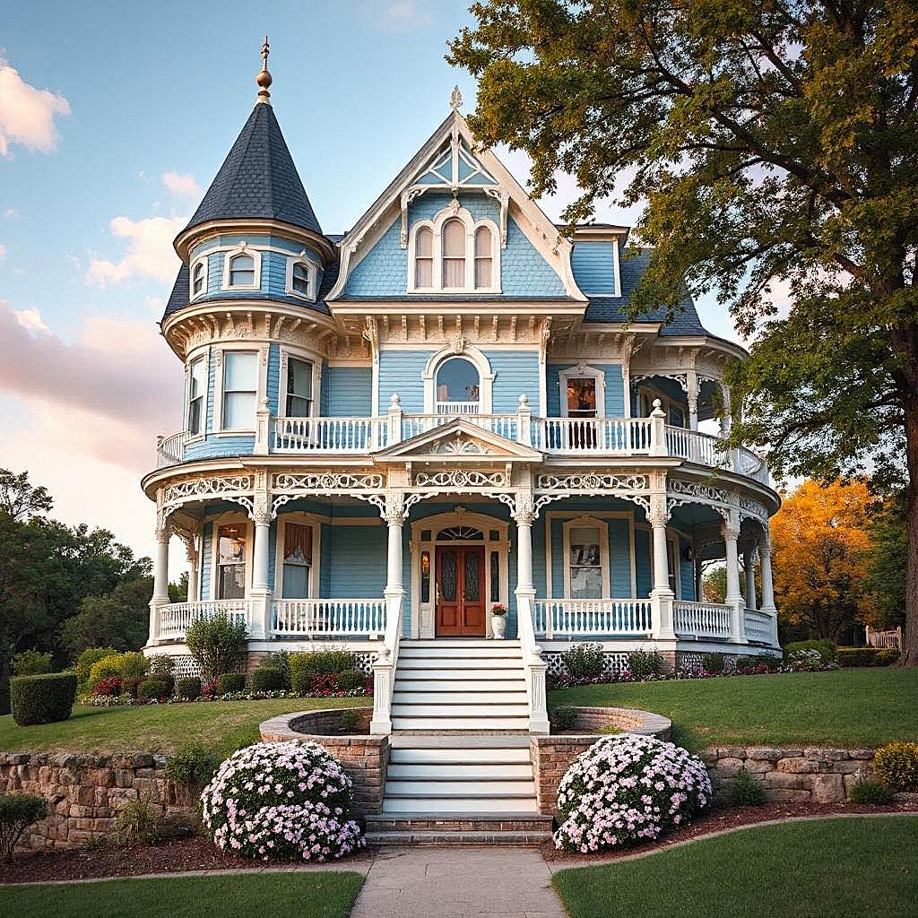 Elegant blue Victorian house with turret and white trim, front garden with flowers and steps leading to entrance