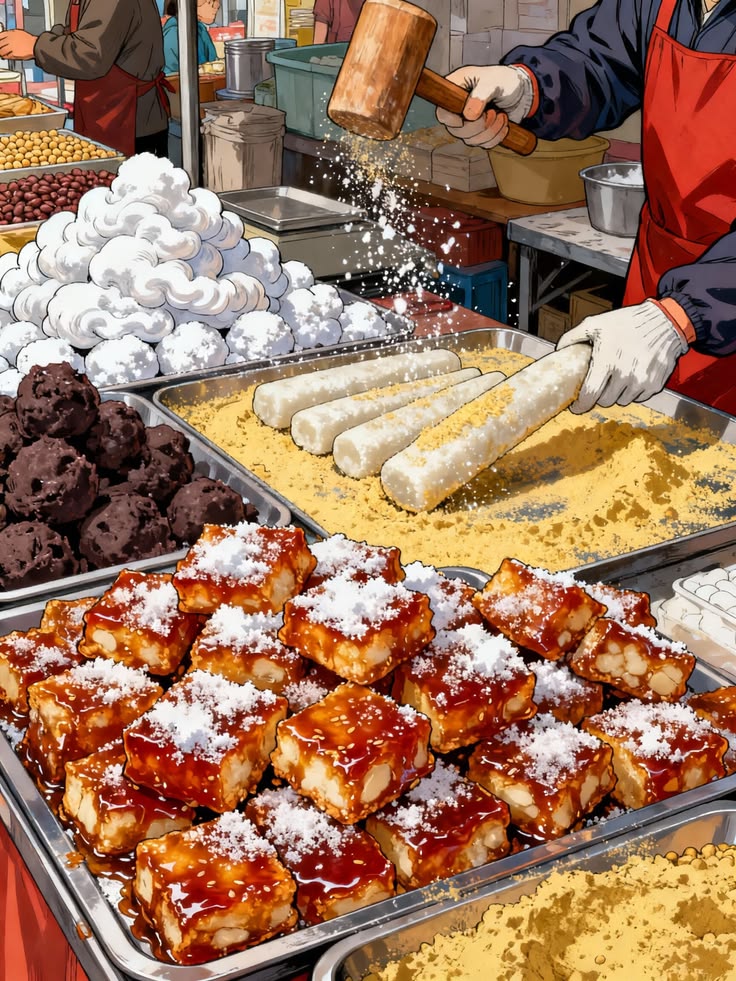 Street vendor cooking fried pastries covered in powdered sugar at outdoor food stall
