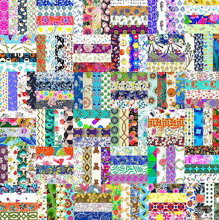 Intricate patchwork quilt design with diverse colorful fabric patterns in rectangular strips