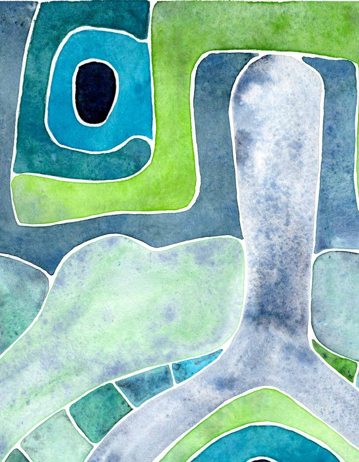 Abstract watercolor art with curved organic shapes in teal, green, and blue tones