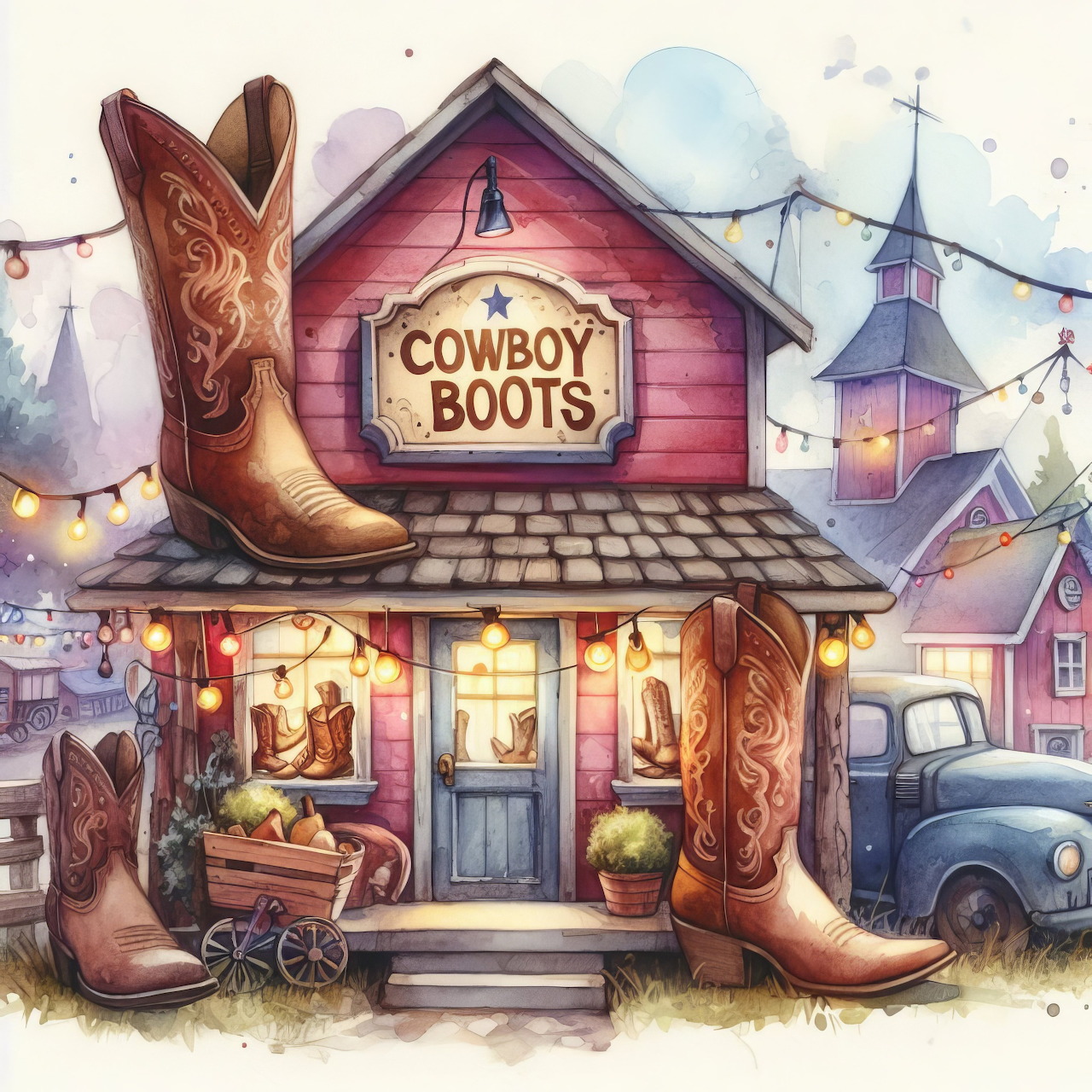Watercolor illustration of a rustic cowboy boots shop storefront with large decorative boots and vintage truck