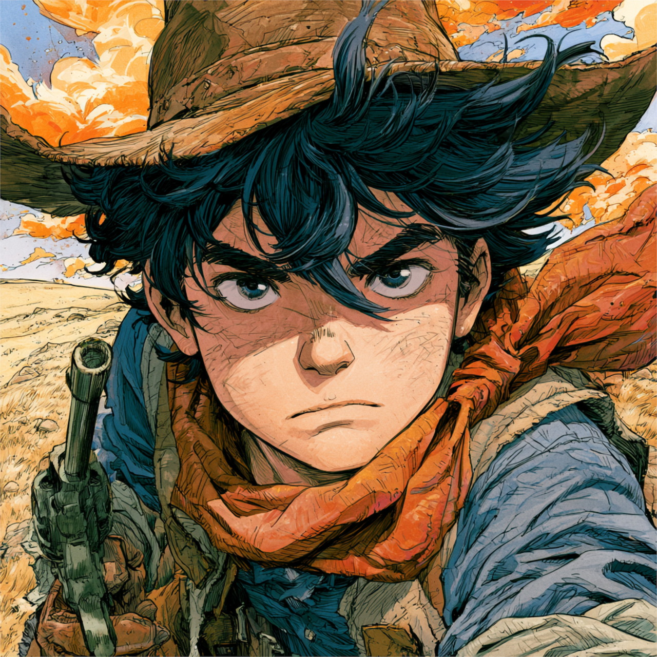 Manga-style close-up of a young cowboy wearing a hat and scarf, with a revolver at his side.