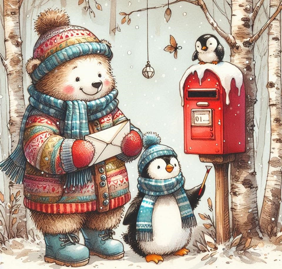 Snowman wearing striped hat and scarf with penguin friend by red mailbox in snowy birch forest