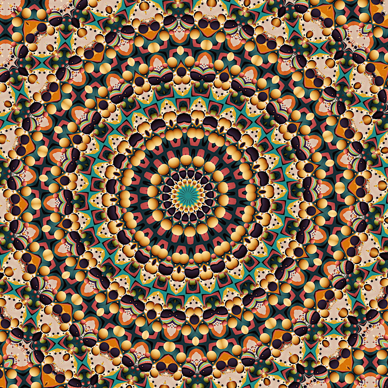Detailed geometric mandala with concentric circles in orange, brown, teal and cream tones