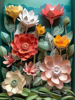 Colorful handmade paper flowers with layered petals arranged in a decorative 3D display