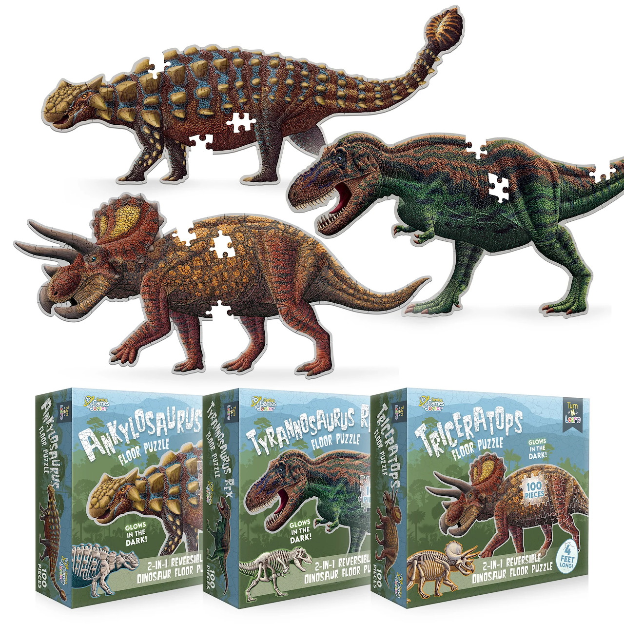 Three dinosaur jigsaw puzzles with matching puzzle boxes on a white background