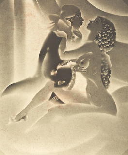Vintage art deco sepia illustration of a stylized romantic couple in an embrace with flowing forms