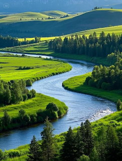 Aerial view of a winding river through green meadows and forested rolling hills
