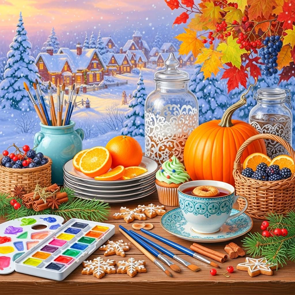 Festive art supplies, fruit, pumpkin, and berries on a table with a snowy village in the background