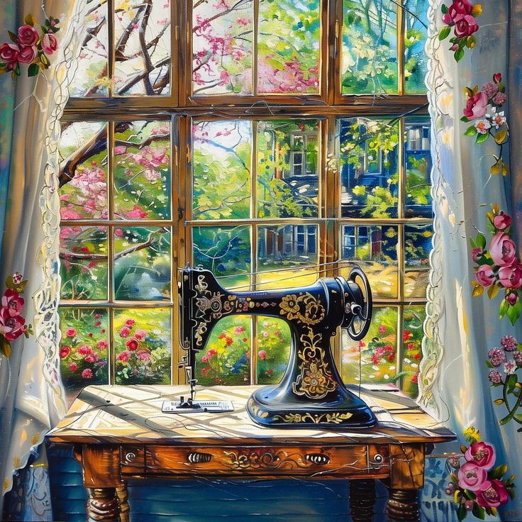 Vintage sewing machine on table by window with flowers and garden view