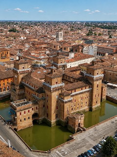 Aerial view of Castello Estense, a moated medieval castle with four towers in Ferrara, Italy