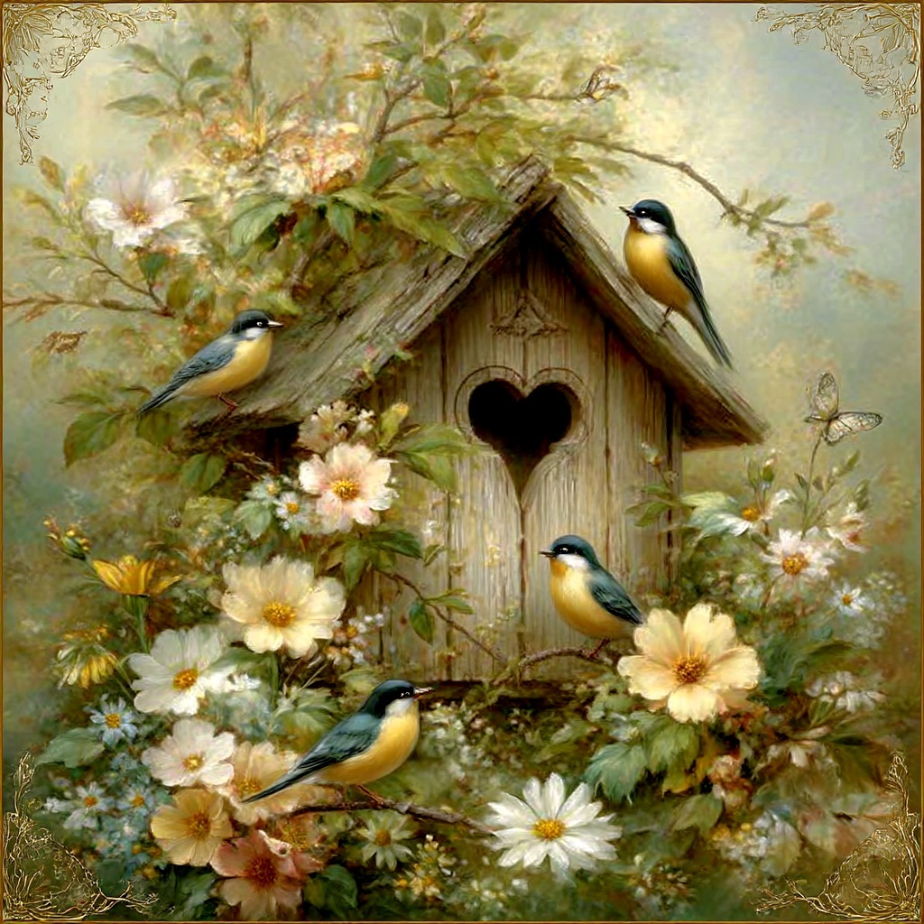 Rustic birdhouse with three yellow songbirds among white and cream flowers in a soft vintage painting