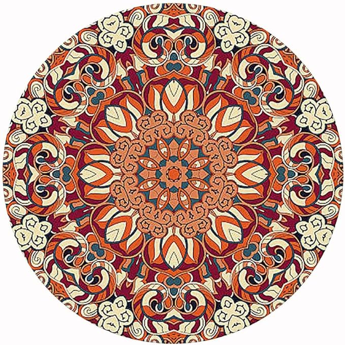 Ornate circular mandala with symmetrical floral scrollwork in orange, red, cream and teal