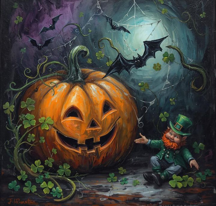 Spooky carved pumpkin with shamrocks, bats, and a small leprechaun in a dark forest