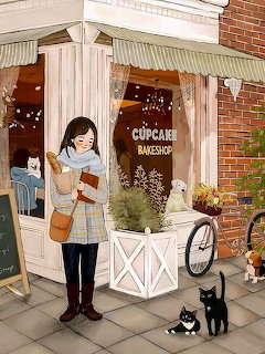 Illustrated girl in scarf holding phone outside cupcake shop with two cats on sidewalk