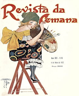 Vintage illustration of a woman artist on a ladder holding paintbrushes and palette, Revista da Semana cover