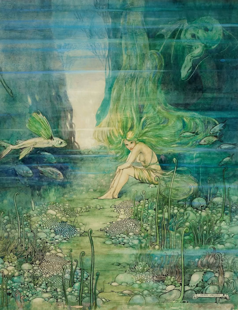 Vintage illustration of a young mermaid seated on a rock in a lush underwater scene with fish and aquatic plants