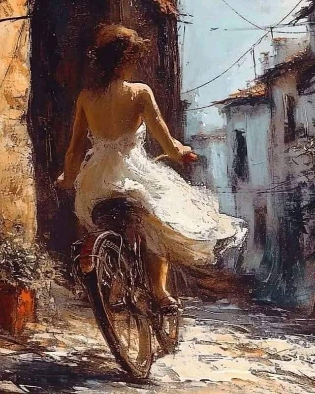 Painting of a woman in a white dress riding a bicycle down a narrow old street