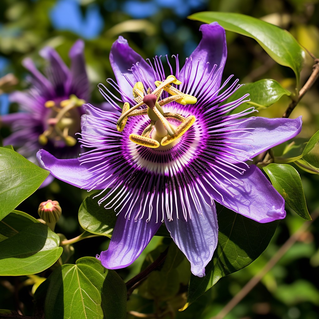 Purple passionflower with white and dark purple corona filaments and yellow center against green foliage