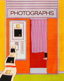 Colorful illustration of a vintage photo booth with pink curtain and photos coming out