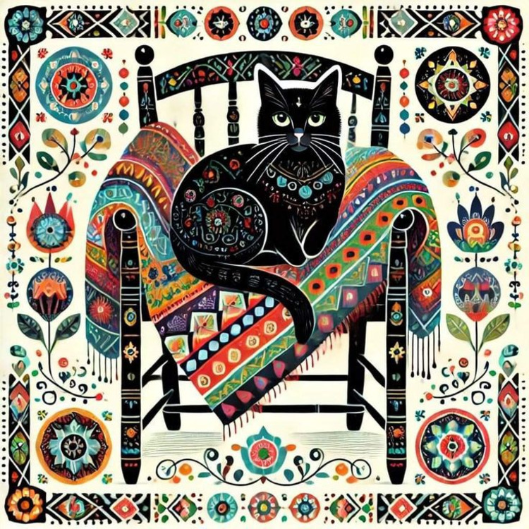 Black cat sitting on colorful patterned chair with decorative folk art border featuring flowers and geometric designs