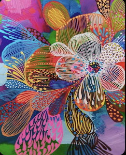 Colorful abstract flower artwork with patterned petals and vibrant painted background