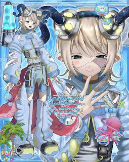 Smiling blonde anime girl in blue ornate outfit with fantasy background