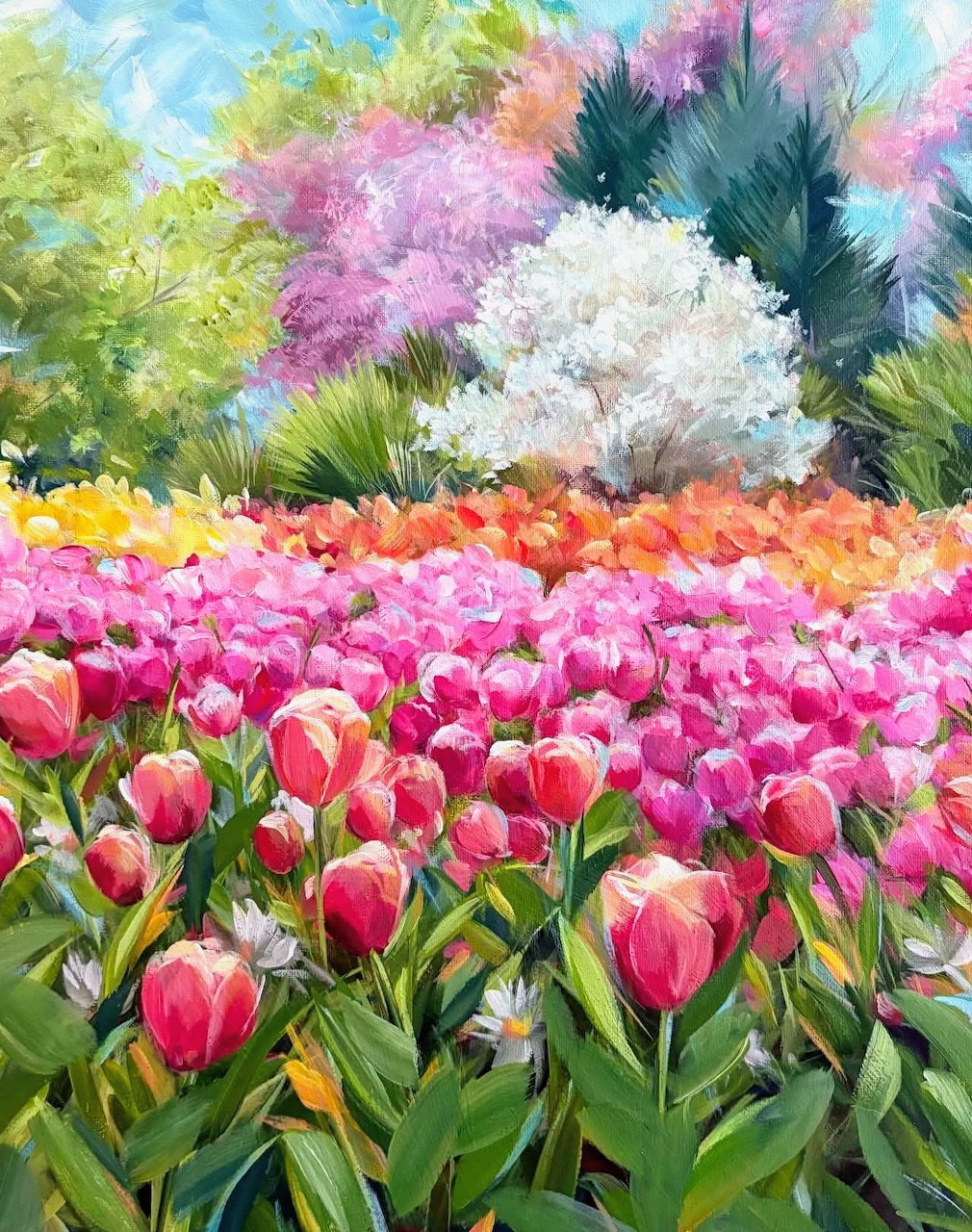Painting of a pink tulip bed with green leaves and pastel flowering shrubs behind