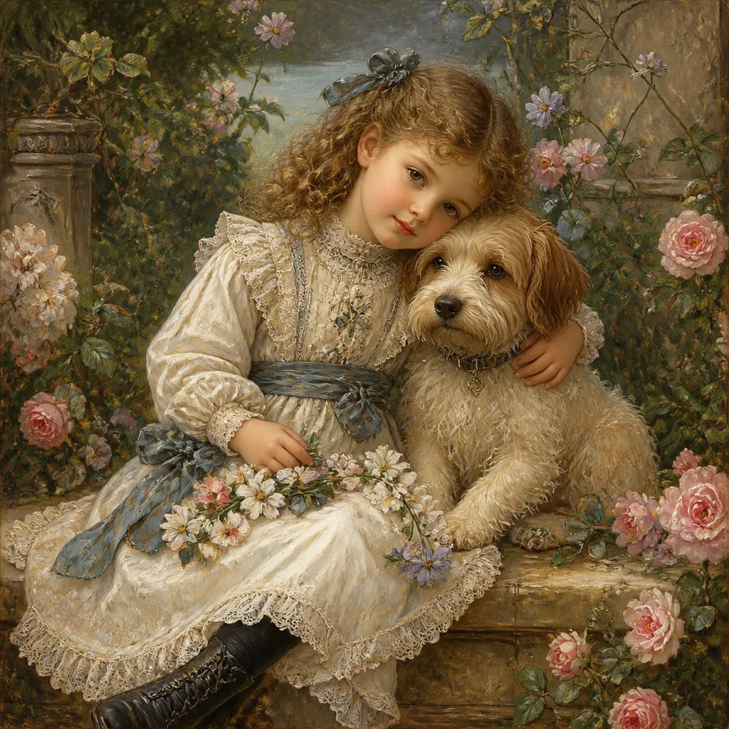 Girl with Dog in Garden