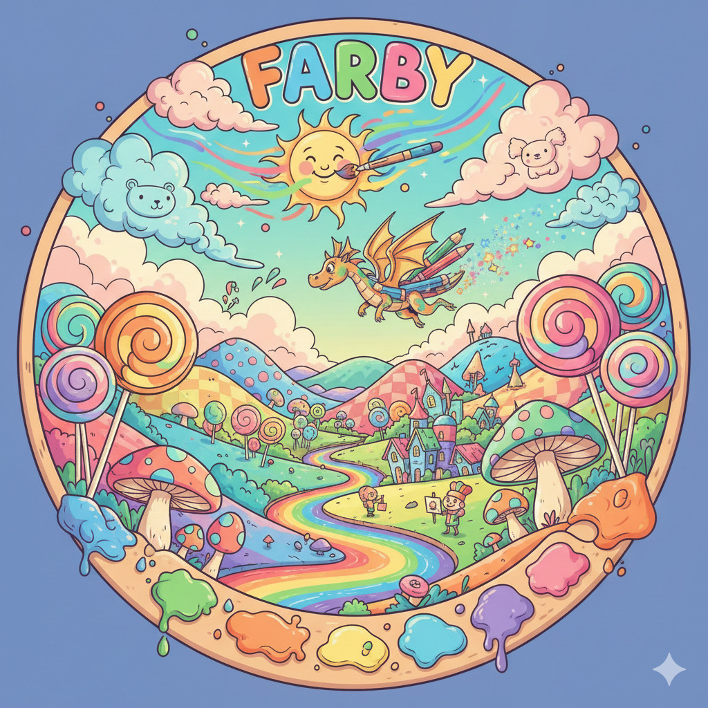 Whimsical circular illustration with rainbow landscape, lollipops, sun, clouds, and Farby text banner