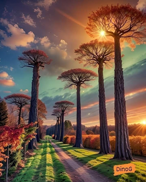 Tall baobab trees along a path at sunset with colorful sky and streaming sunlight