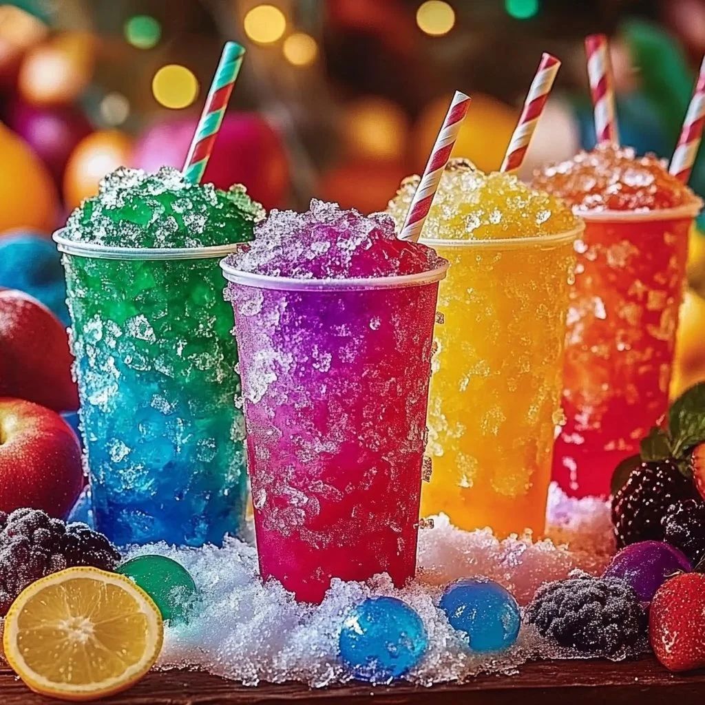 Five colorful frozen slushie drinks with striped straws surrounded by fresh fruit and festive lights
