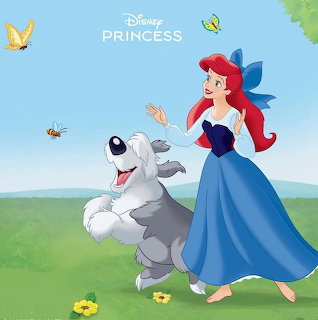 Disney Princess Ariel in blue dress standing with gray and white dog Max on grass with butterflies